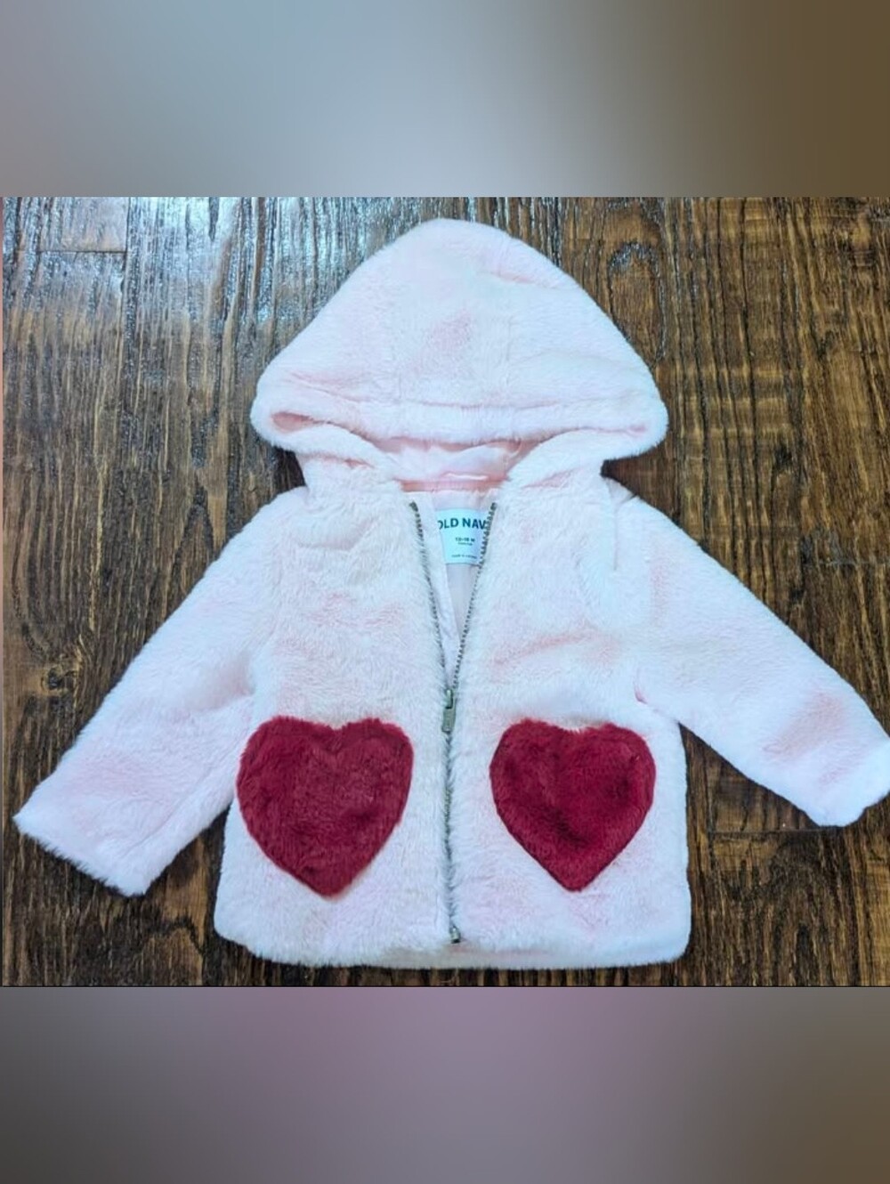 Old Navy Pink Fuzzy Hoodie with Red Heart Pockets 12-18 Months